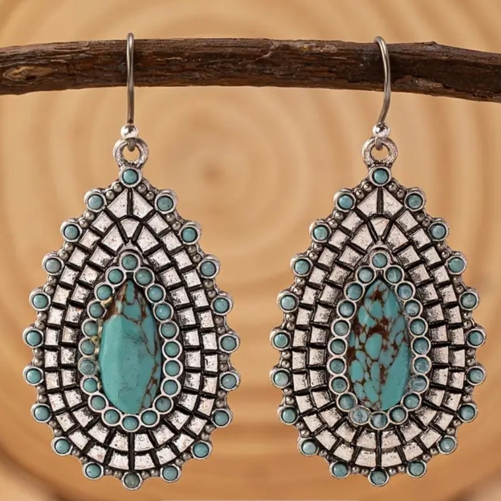 Silver plated tear drop earrings - Turquoise stones & resin - western boho